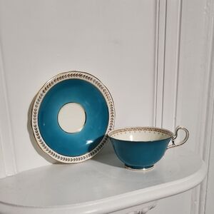Elegant Aynsley Rich Turquoise Bone China Wide-Mouth Tea Cup & Saucer